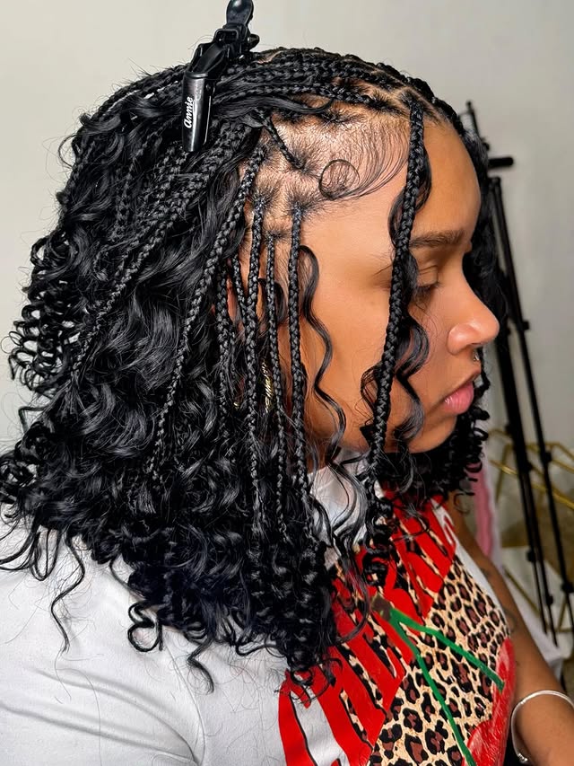 black boho bob knotless braids with curly ends