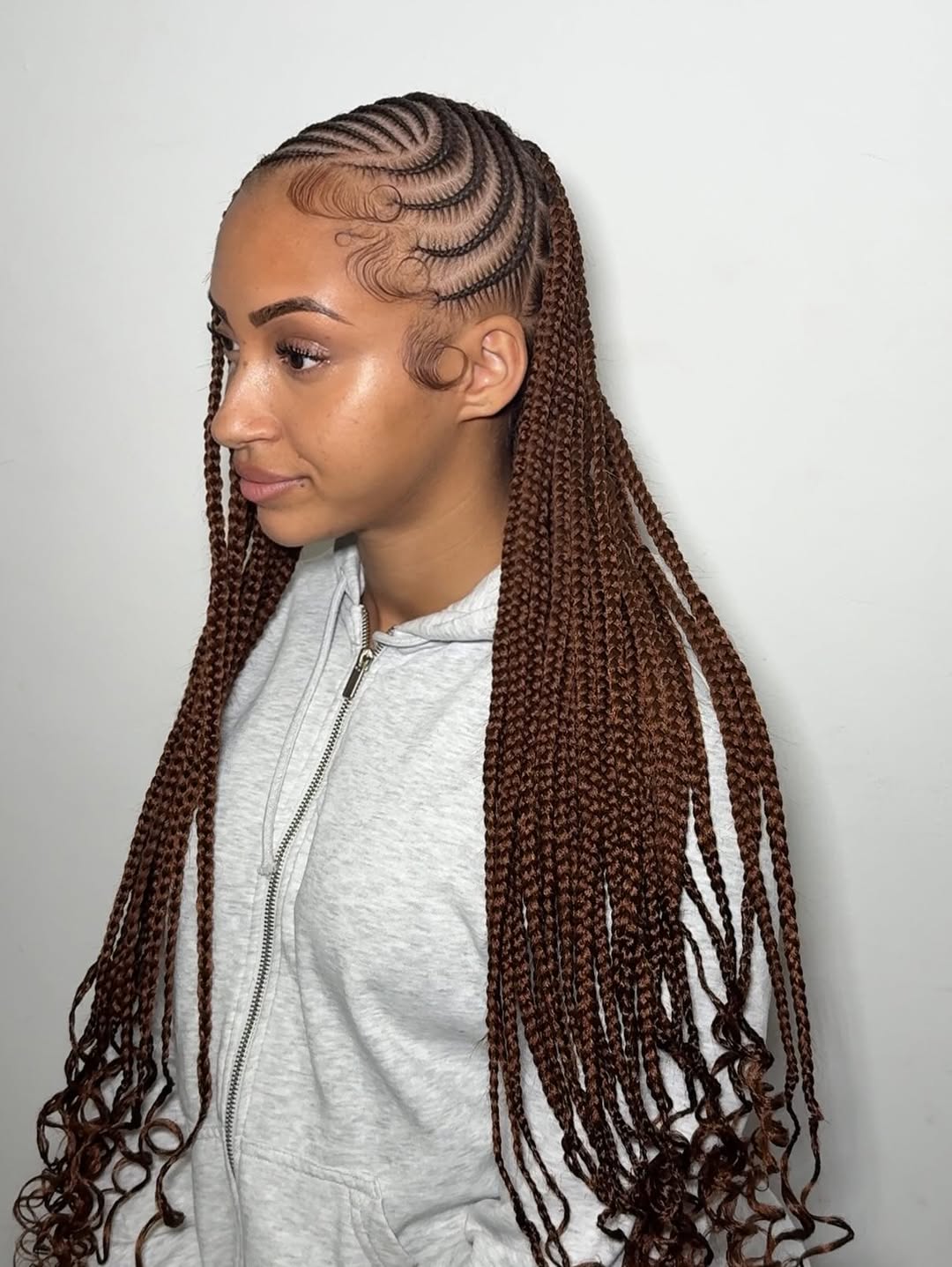 Chocolate brown long lemonade Fulani braids with curly ends