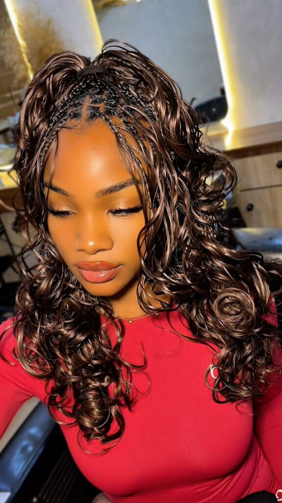 color 4 chocolate brown boho French curl braids in an up do