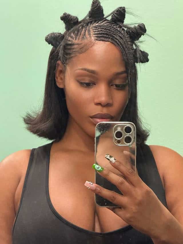 Bob Fulani Braids With A Flip Curl Sew-In Hairstyles aka the Tyla bob on @eviedoesla with bantu knots