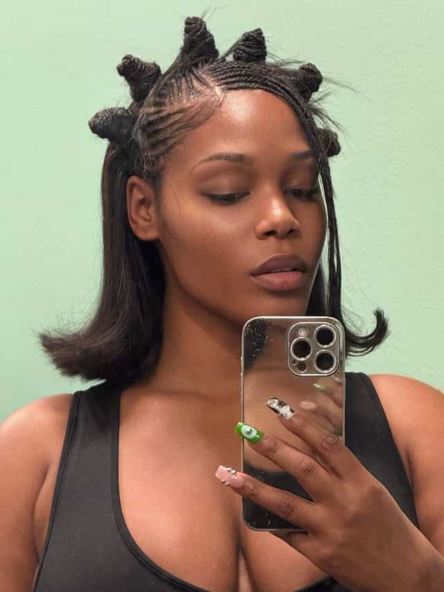 Bob Fulani Braids With A Flip Curl Sew-In Hairstyles aka the Tyla bob on @eviedoesla with bantu knots