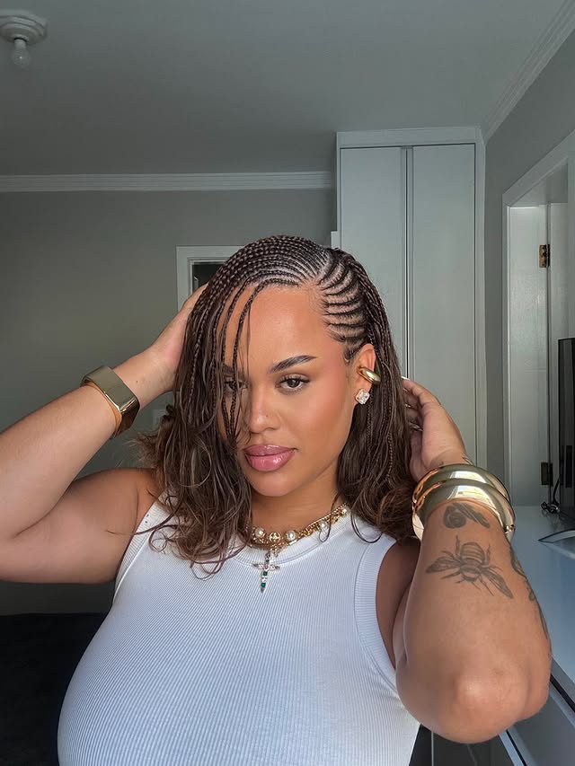 Chocolate brown bob Fulani braids with a flip curl sew in