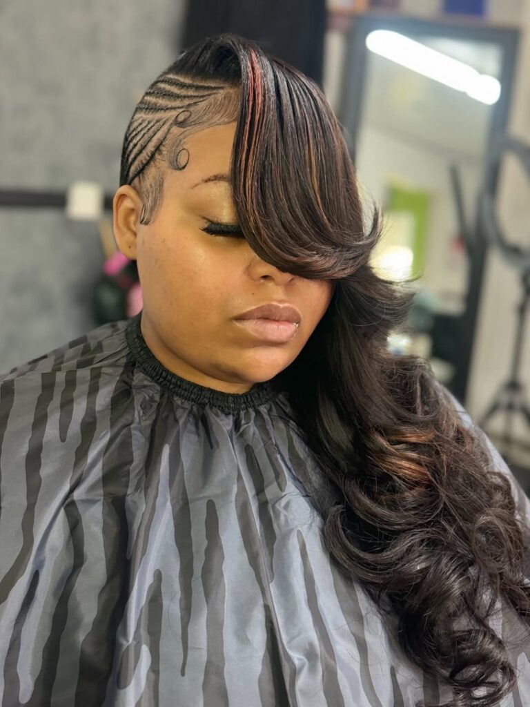 Cassie braids with sew in and styled curtain bangs