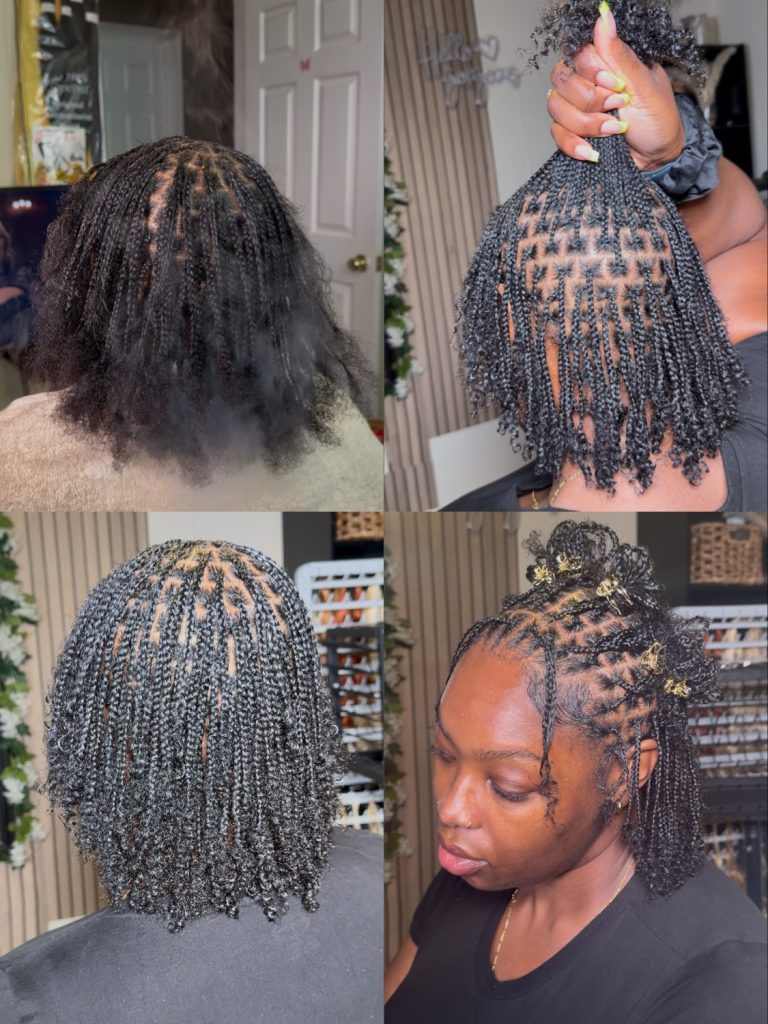 short natural hair mini braids with curly ends