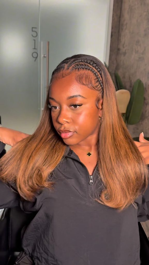 honey brown medium length jayda wayda braids with quick weave 